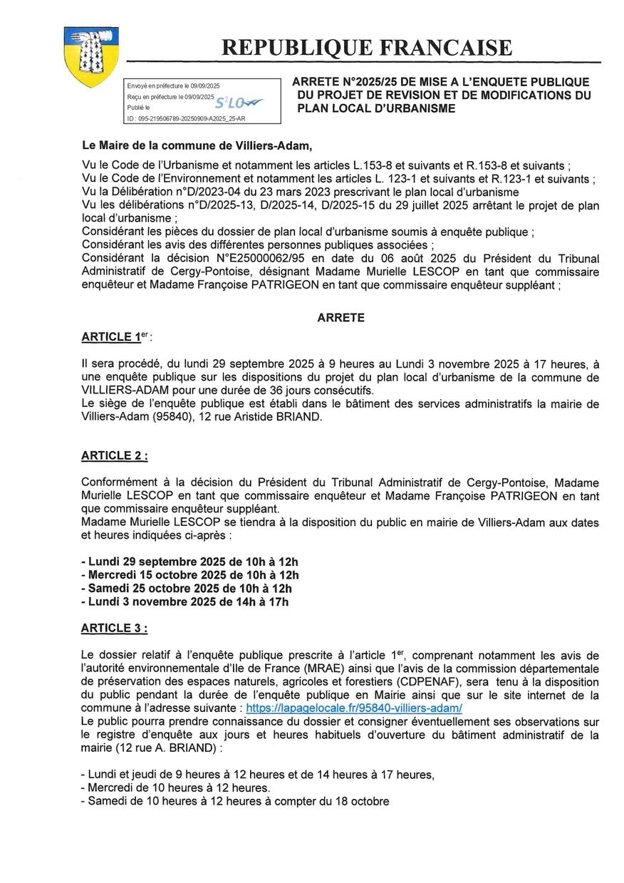 ENQUETE PUBLIQUE: PLAN LOCAL DE L'URBANISME DE VILLIERS ADAM