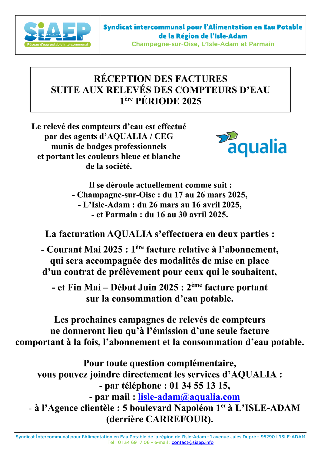 SIAEP - Info réception factures 1ère période 25